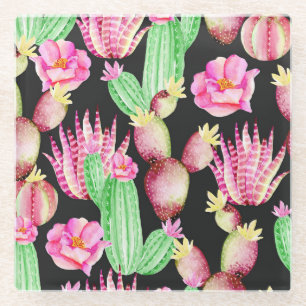 Posavasos De Vidrio Suculentos acuarelas: patrón cactus floral.