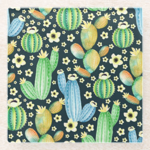 Posavasos De Vidrio Sucultores Patrón de acuarela Cactus Floral