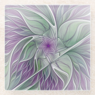 Posavasos De Vidrio Sueño de flores, abstracto arte fractal verde púrp