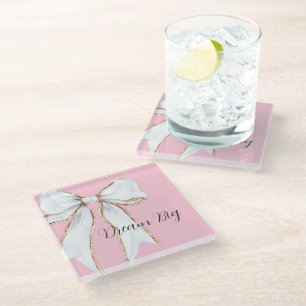 Posavasos De Vidrio Sueño Rosa Grande Lazo Blanco