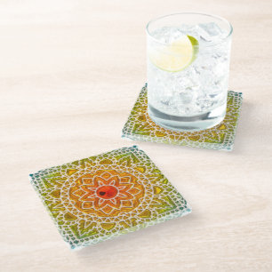 Posavasos De Vidrio Sunburst Mandala Boho Glass Coasters