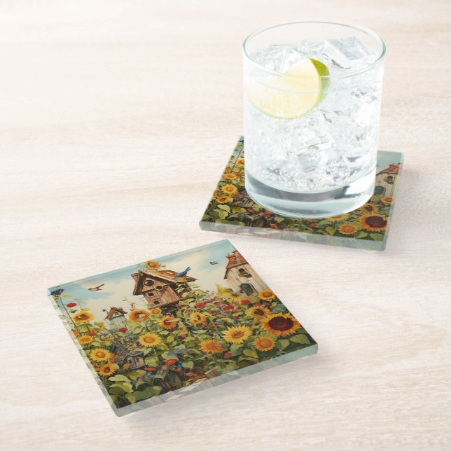 Posavasos De Vidrio Sunflower Garden 11 Casas de Aves Azules (Angular)