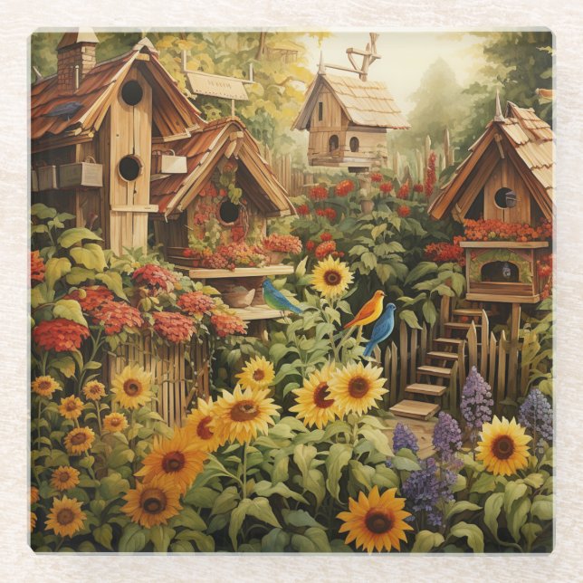 Posavasos De Vidrio Sunflower Garden 13 Casas de Aves Azules (Anverso)