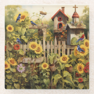 Posavasos De Vidrio Sunflower Garden 14 Casas de Aves Azules