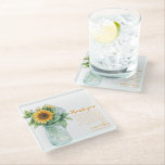 Posavasos De Vidrio Sunflower Mason Jar Boda Gracias Mensaje<br><div class="desc">Sunflower Mason Jar Boda Gracias Message Glass Coaster . Si desea darle un toque encantador y práctico a su boda, podrá disfrutar de esta rústica montaña de cristal de girasol, con un ramo de acuarela pintado a mano en un tarro de albañil vintage. Personalizado con un sincero mensaje de agradecimiento,...</div>