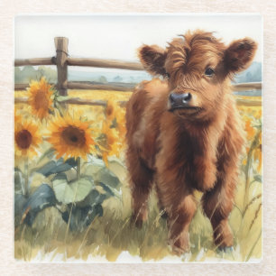 Posavasos De Vidrio Sunflowers y Highland Calf