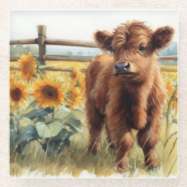 Posavasos De Vidrio Sunflowers y Highland Calf (Anverso)
