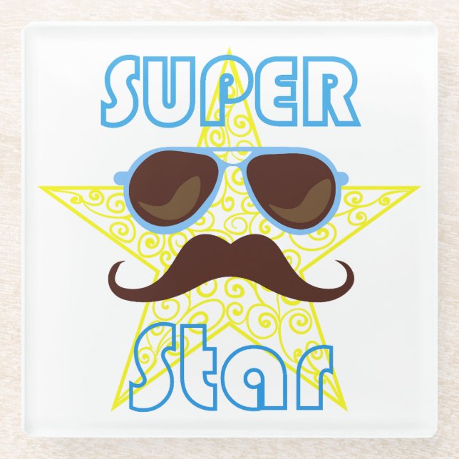 Posavasos De Vidrio Super Star with sunglasses and mustache (Anverso)
