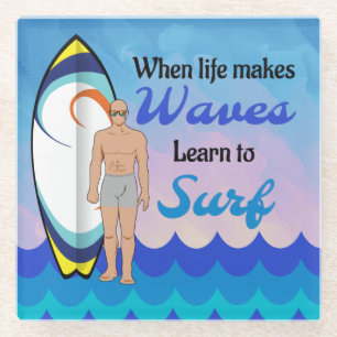Posavasos De Vidrio Surfboard Ocean Waves Blue Motivation Cita