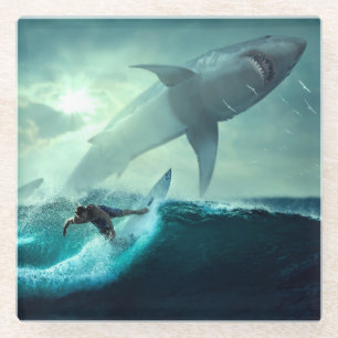 Posavasos De Vidrio Surfing con tiburones