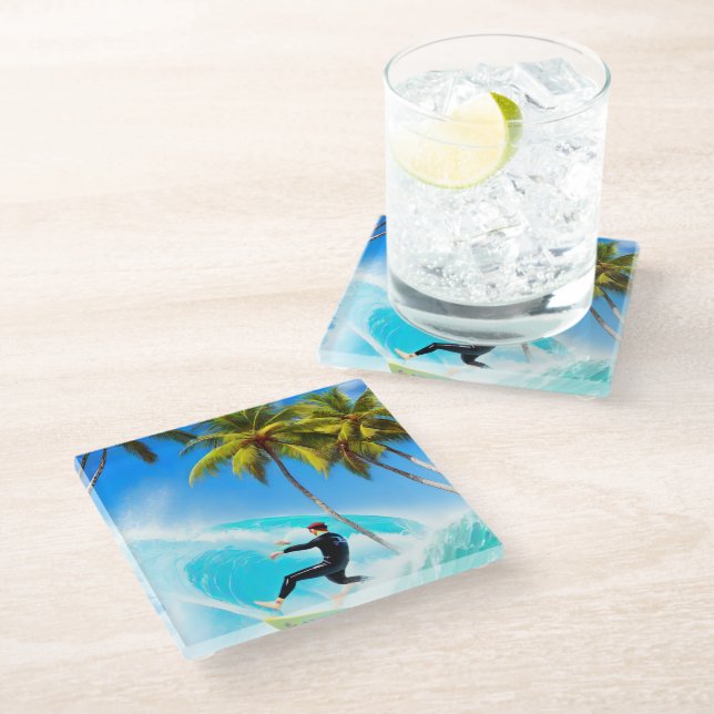 Posavasos De Vidrio Surfing sobre una gran ola (Angular)