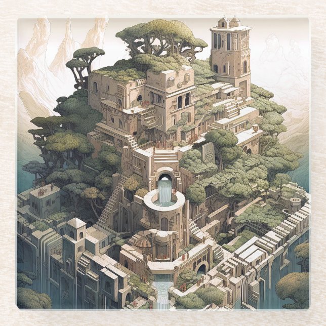 Posavasos De Vidrio Surreal Geométrico paisaje de la ciudad Fantasía A (Anverso)