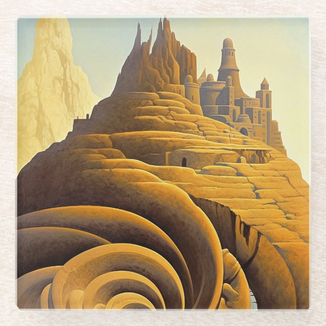 Posavasos De Vidrio Surreal Mountain City Fantasy Art (Anverso)