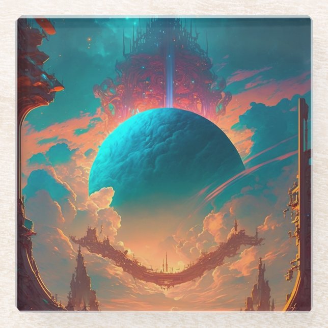 Posavasos De Vidrio Surreal Towers Planet Visionario Paisaje (Anverso)