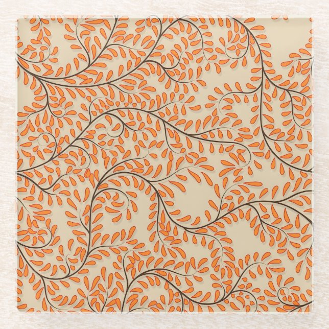 Posavasos De Vidrio Swirling Orange Leaves on Beige Background (Anverso)