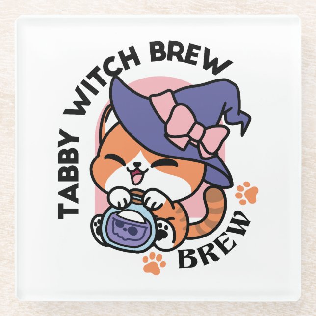 Posavasos De Vidrio Tabby Witch Brew – Cute Halloween Cat Design (Anverso)