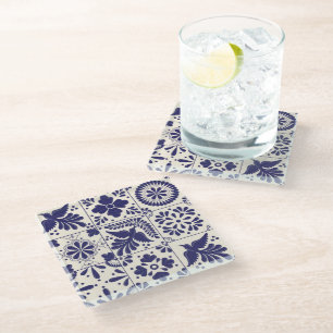 Posavasos De Vidrio Talavera Tradicional Mexicana Azul Nilo Decorativa
