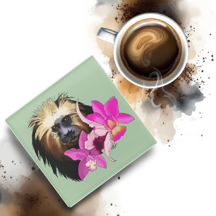 Posavasos De Vidrio Tamarino León Dorado de Cabeza Floral Sage Mono
