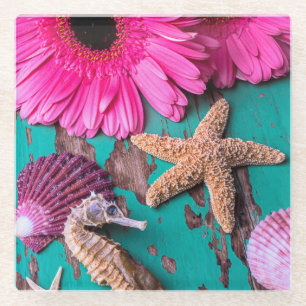 Posavasos De Vidrio Tarimas y Seahorse rosados con las estrellas de