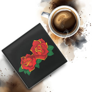 Posavasos De Vidrio Tatuaje de rosas rojas