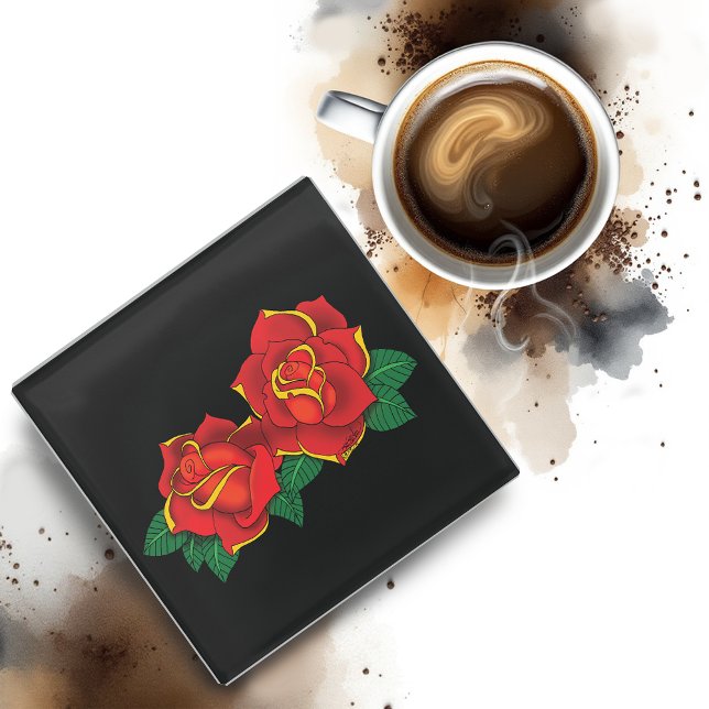 Posavasos De Vidrio Tatuaje de rosas rojas (Subido por el creador)