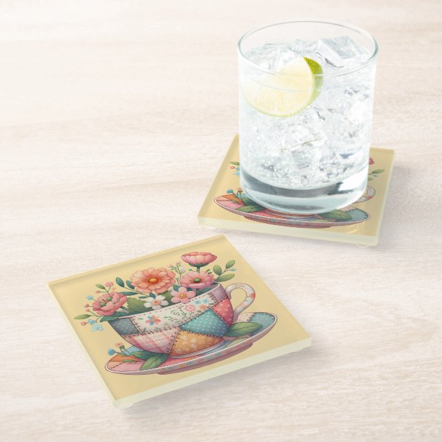 Posavasos De Vidrio Taza de té de patchwork con flores caprichosas (Angular)