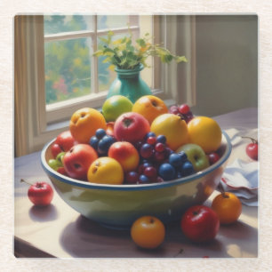 Posavasos De Vidrio Tazón de fruta sentada en una pintura al óleo de u