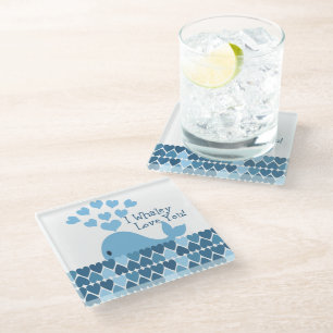 Posavasos De Vidrio ¡Te Quiero! Corazones azules y ballenas