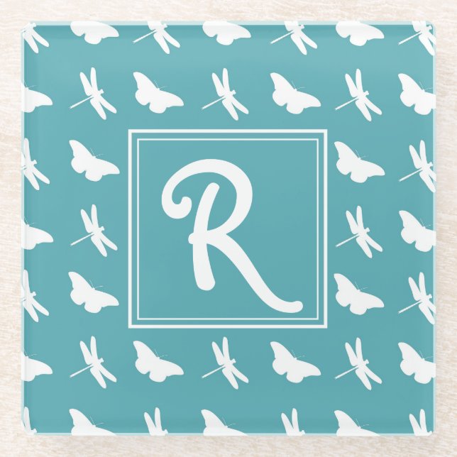 Posavasos De Vidrio Teal Butterfly and Dragonfly Pattern Monogram (Anverso)