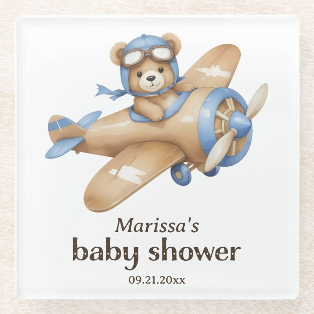 Posavasos De Vidrio Teddy Bear Pilot Baby Boy Shower (Anverso)