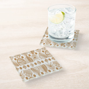 Posavasos De Vidrio Tela de barro tribal caribeño: blanco, oro