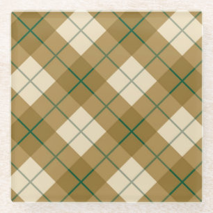 Posavasos De Vidrio Tela escocesa diagonal en oro con la raya verde