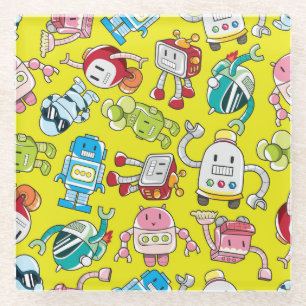Posavasos De Vidrio Tema Robot: Colorido Patrón Seamless.