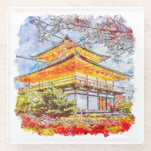 Posavasos De Vidrio Templo Kinkakuji Japón Boceto a Mano Acuarela