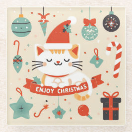 Posavasos De Vidrio Temporada de Navidades Cute Cat Enjoy