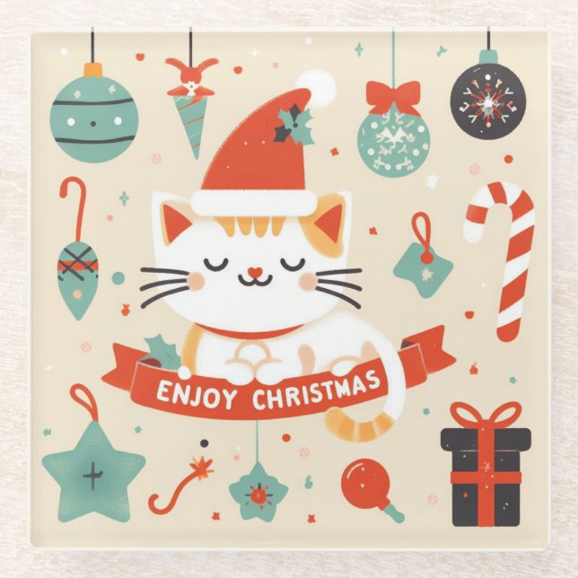 Posavasos De Vidrio Temporada de Navidades Cute Cat Enjoy (Anverso)