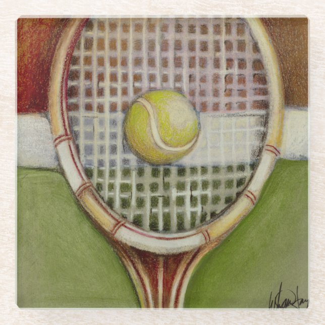 Posavasos De Vidrio Tenis Racket con bolas en pista (Anverso)
