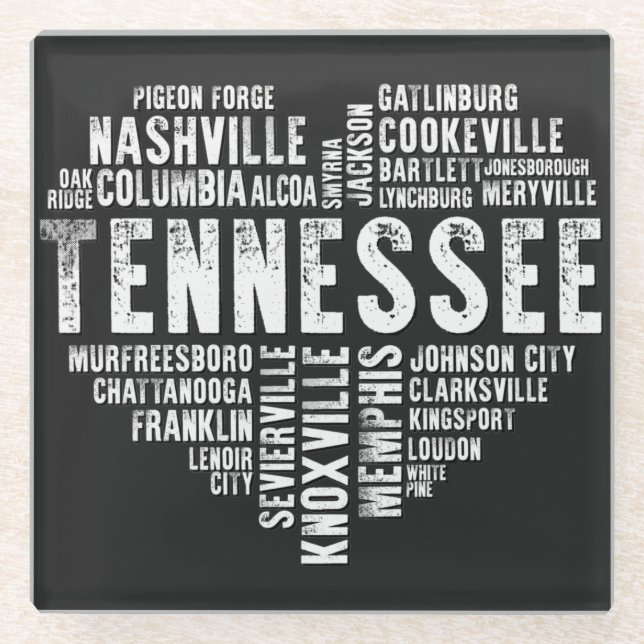 Posavasos De Vidrio Tennessee Heart Love Nashville Cookeville Alcoa (Anverso)
