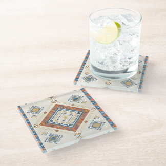 Posavasos De Vidrio Terracota Bañada por el Sol y Kilim Azul del Desie