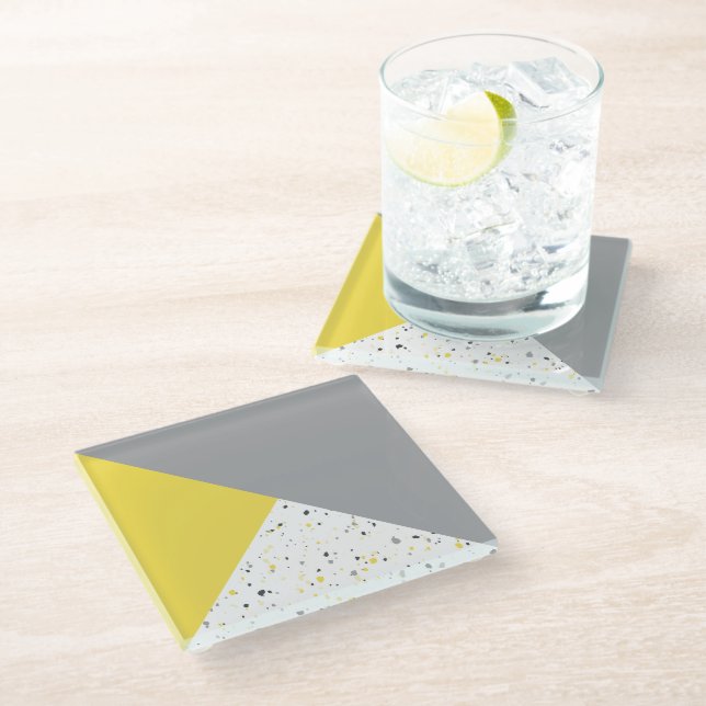 Posavasos De Vidrio Terrazo Gris Amarillo Moderno (Angular)
