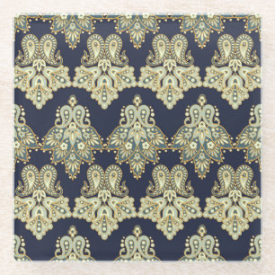 Posavasos De Vidrio Textil Asiático: Ilustracion Floral Paisley