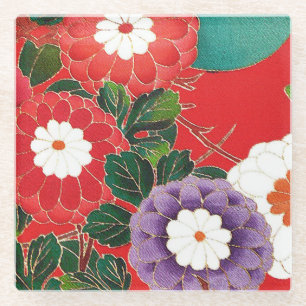 Posavasos De Vidrio Textil Japonés Antiguo - Dahlias Rojas