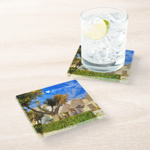 Posavasos De Vidrio texto personalizado, hermosa vista de Alberobello,