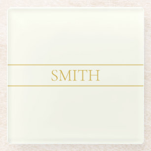 Posavasos De Vidrio Texto simple elegante personalizable   dorado blan