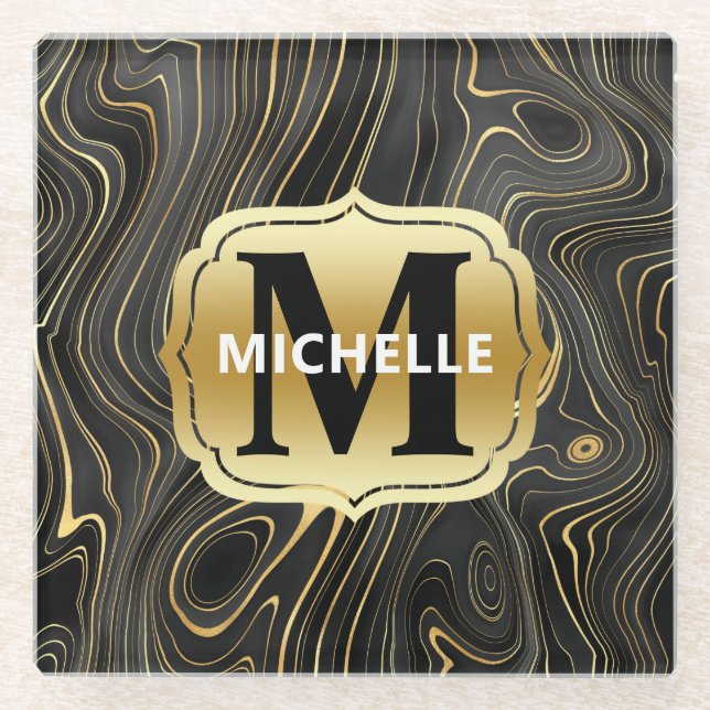 Posavasos De Vidrio Textos de Strata de Geode Negro y Oro (Anverso)