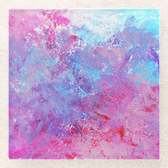 Posavasos De Vidrio Textura creativa rosa-azul, manchas de pintura. (Anverso)