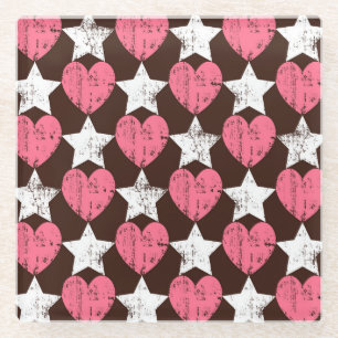 Posavasos De Vidrio Textura Retro Threadbare Hearts Stars
