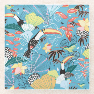 Posavasos De Vidrio Textura tropical con Toucans y los colibríes