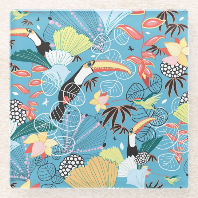 Posavasos De Vidrio Textura tropical con Toucans y los colibríes (Anverso)