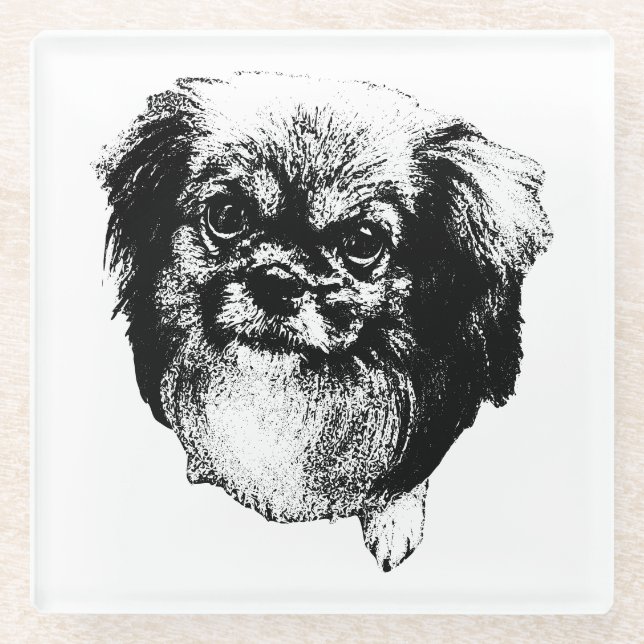 Posavasos De Vidrio Tibetan Spaniel Coaster – Monochrome Dog Art (Anverso)